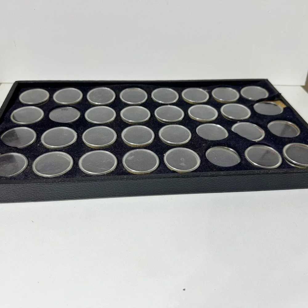 Gemstone Display Case 32 Jar Black Faux Leather Jewelry Storage Tray Box